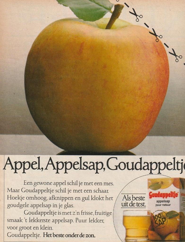 Retro reclame 1986 Riedel Goudappeltje schil met de schaar, Verzamelen, Retro, Verzenden, Overige typen