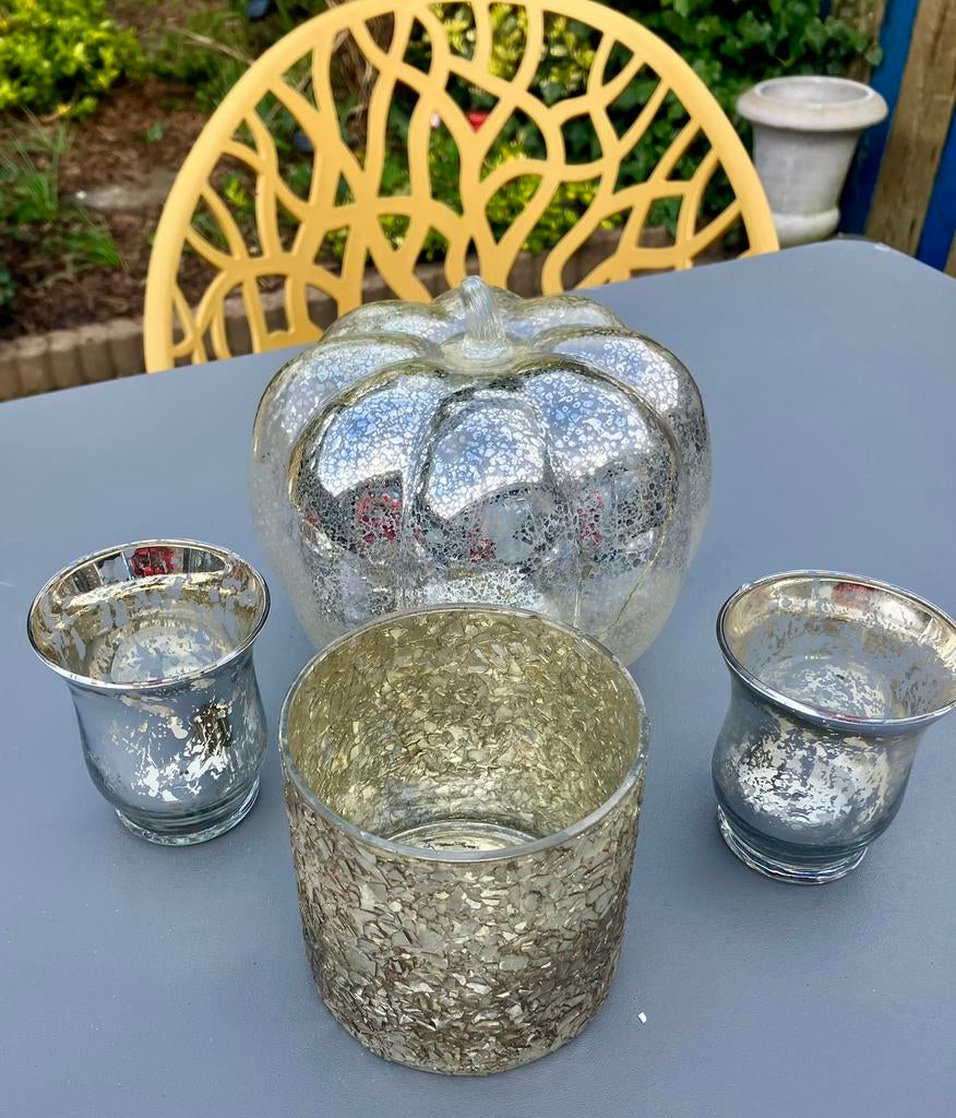 Glazen zilver antiek look decoratie set!, Ophalen, Zo goed als nieuw, Overige materialen, Minder dan 25 cm