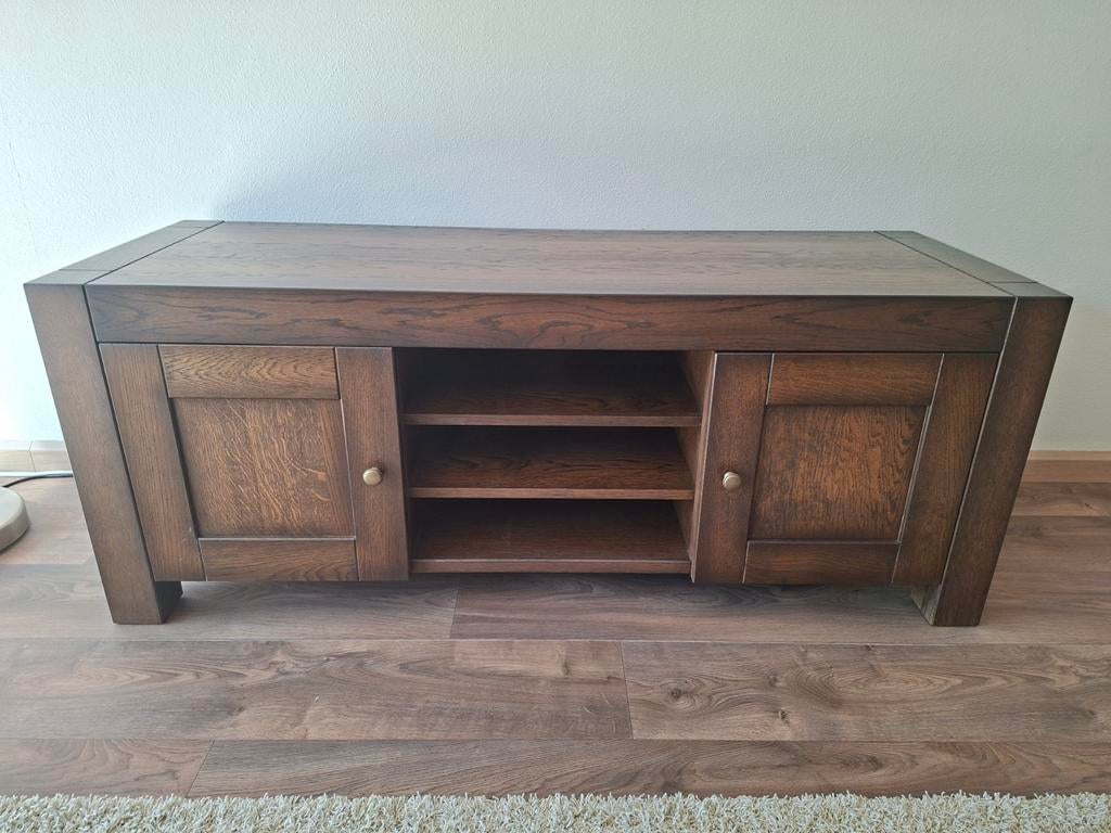 Massief eiken tv-meubel, Ophalen, Gebruikt, 100 tot 150 cm, Eikenhout