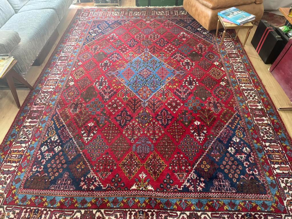 Groot vintage Perzisch tribaal Shiraz tapijt 355 x 241 cm, Huis en Inrichting, Stoffering | Tapijten en Kleden, 1053ML, Amsterdam