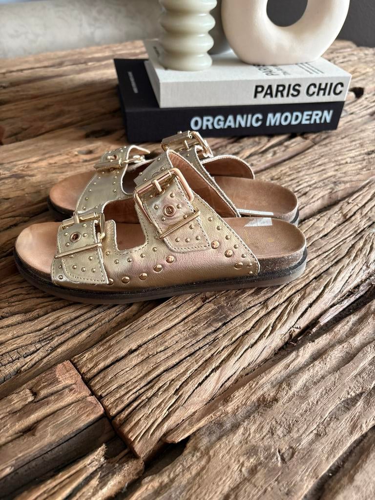 Harper mooie goudkleurige slippers met leer voetbad mt 37, Ophalen of Verzenden, Zo goed als nieuw, Slippers