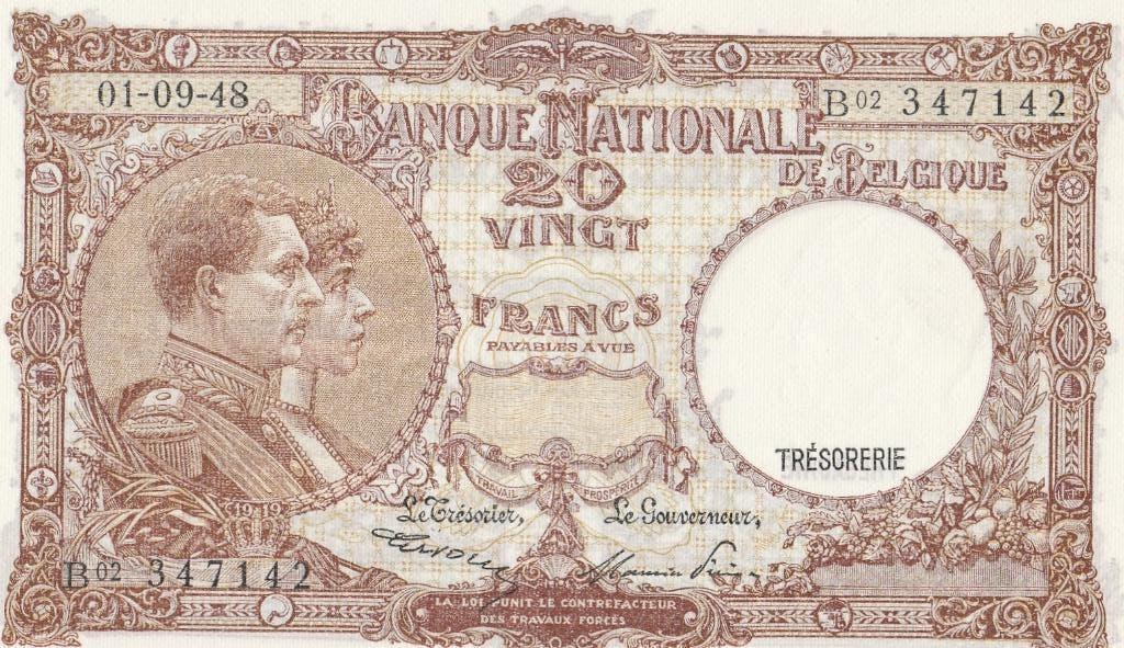 BELGIE 20 FRANCS 01-09-1945, Postzegels en Munten, Bankbiljetten | België, Ophalen of Verzenden, Los biljet