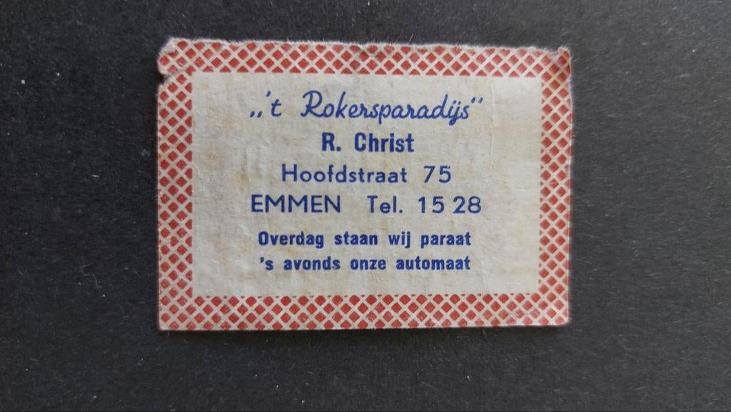 Luciferetiket, Emmen, "'t Rokersparadijs", Verzenden, Gebruikt, Luciferdoosjes of -merken