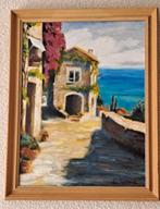 "Mediterraan zeestadjezicht"- ingelijst olieverfschilderij, Ophalen of Verzenden