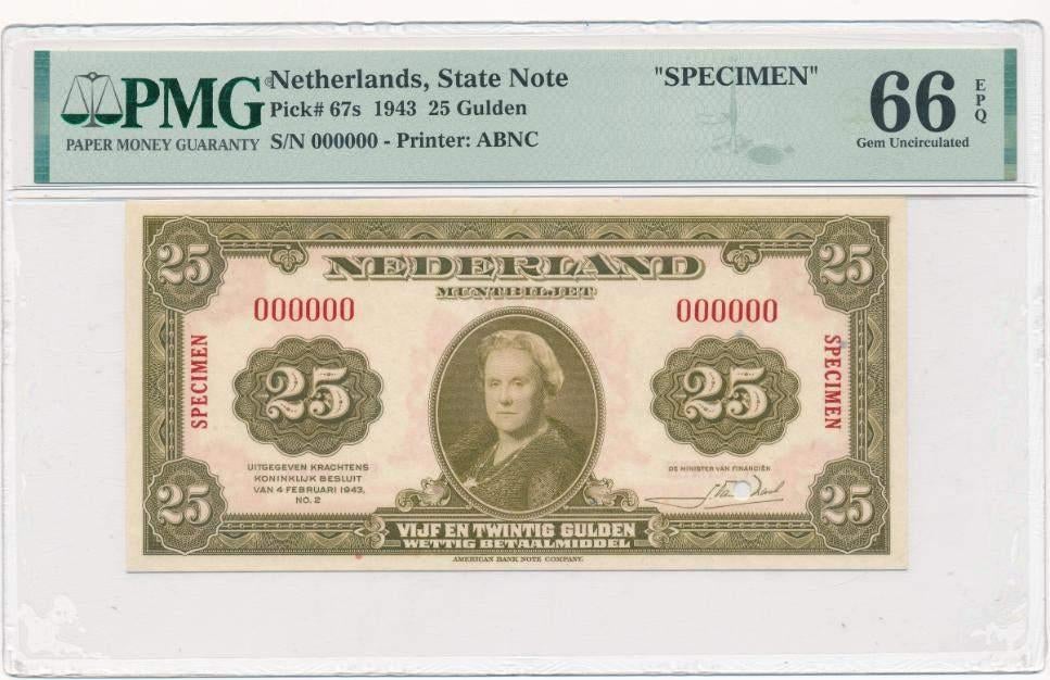 NL muntbiljet 25 gulden Wilhelmina 1943 SPECIMEN’ PMG 66 EPQ, Postzegels en Munten, Bankbiljetten | Nederland, Ophalen of Verzenden
