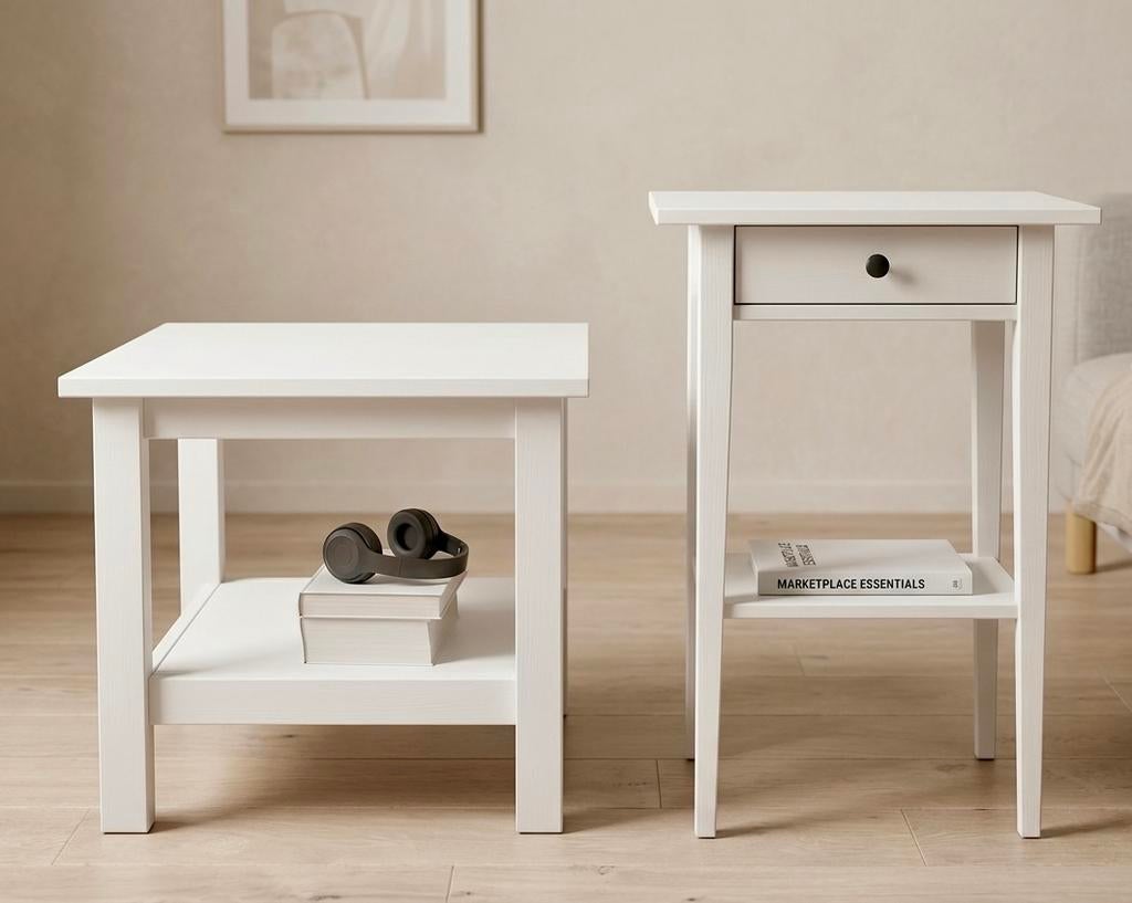 Set van 2 witte bijzettafels - Salontafel en Nachtkastje, Ophalen, Gebruikt, 55 tot 75 cm, 60 cm of meer