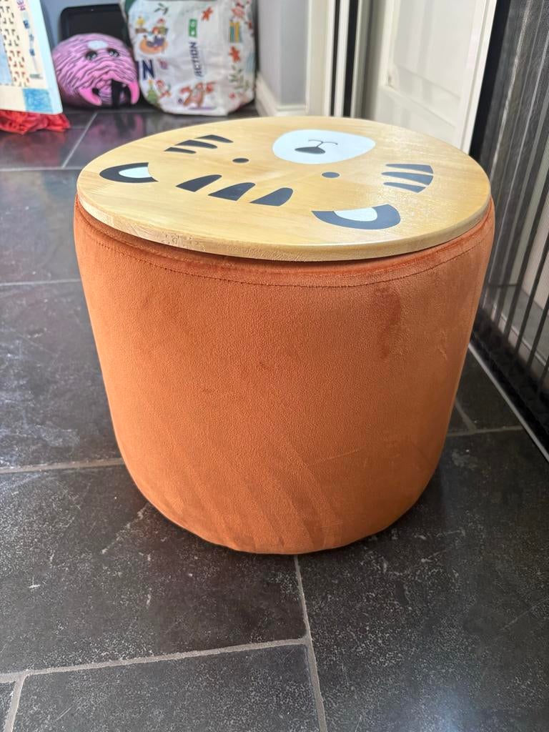 Leuke Kinderpoef met Tijgerprint Deksel - Oranje, Ophalen, Minder dan 50 cm, Gebruikt, Rond