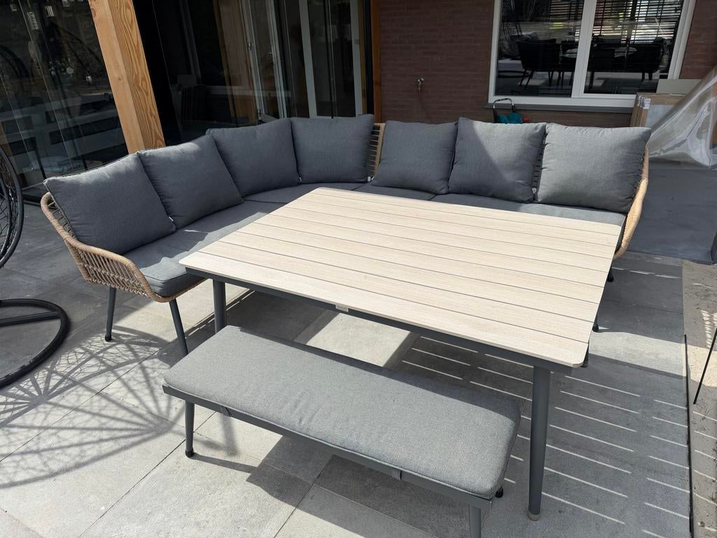 Moderne loungeset/tuinset met eettafel en bank, Tuin en Terras, Ophalen, Loungeset, Wicker, Bank