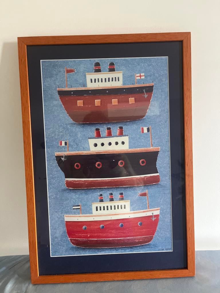 Schilderij met boten in houten lijst, Ophalen of Verzenden