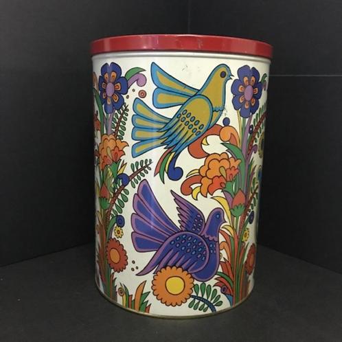 Vintage groot voorraad blik met 'Acapulco' design., Huis en Inrichting, Woonaccessoires | Overige, Gebruikt, Ophalen of Verzenden