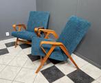 60 jaren František Jirák fauteuils petrol nieuw gestoffeerd, Gebruikt, Vintage, 75 tot 100 cm, Hout