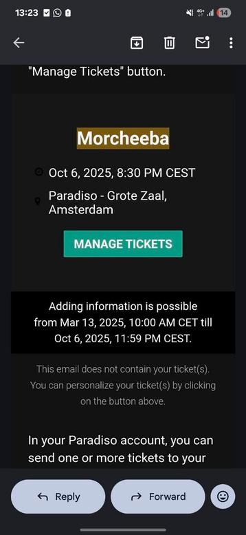 Morcheeba 2 tickets - 6 oktober 2025 beschikbaar voor biedingen