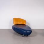 1x Leolux Kikko Chaise Longue Blauw/Geel Leer - Chroom, Niet ingevuld, Eenpersoons, 150 tot 200 cm, Niet ingevuld