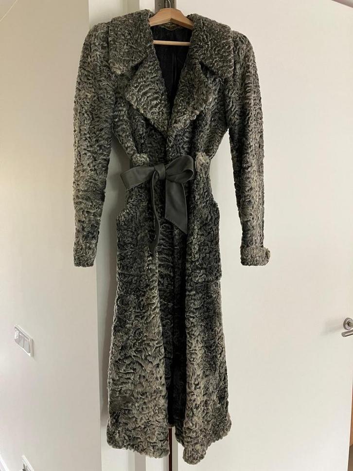 Vintage Astrakan Bontjas Fred van Wordragen, Kleding | Dames, Jassen | Winter, Gedragen, Maat 36 (S), Grijs, Ophalen of Verzenden