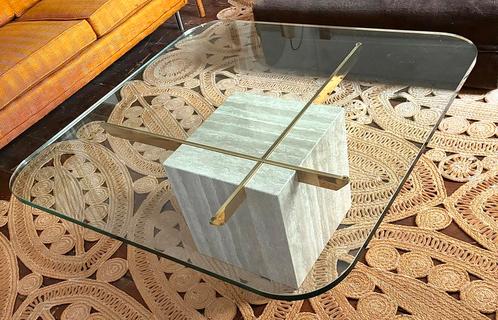 Artedi Italian Travertine Glass Brass Coffee Table, Huis en Inrichting, Tafels | Salontafels, Zo goed als nieuw, Minder dan 50 cm