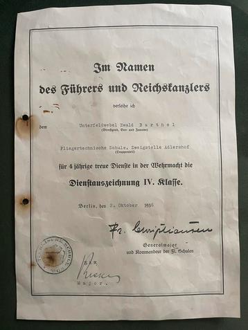 Oorkonde Treue Dienstauszeichnung Wehrmacht Luftwaffe 1936 beschikbaar voor biedingen