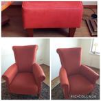 2 nette oranje/bruine fauteuils, incl bijpassende hocker, Ophalen of Verzenden, Zo goed als nieuw, 75 tot 100 cm, 50 tot 75 cm