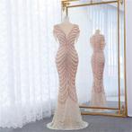 Beige lange mermaid jurk korte mouw gala avondjurk glitter, Verzenden, Nieuw, Beige, Galajurk
