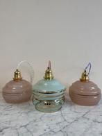 Vintage hanglamp groen roze E27 fitting goud melkglas, Ophalen of Verzenden
