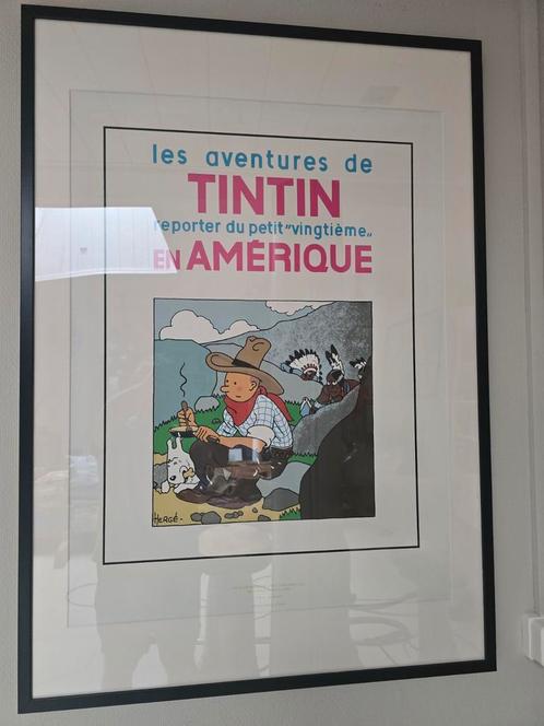 Kuifje in Amerika - Originele Poster Ingelijst, Antiek en Kunst, Kunst | Litho's en Zeefdrukken, Ophalen of Verzenden