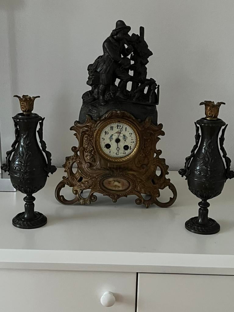 Antiek Frans Klokkenstel met Kandelaars - 19e Eeuw, Ophalen of Verzenden