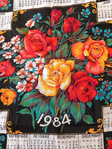 vintage Franse theedoek, katoen overdoek, jaarkalender, 1984 beschikbaar voor biedingen