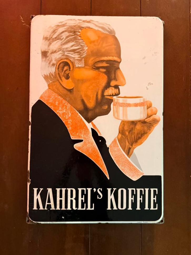 Emaille reclamebord Kahrel’s Koffie Langcat Bussum, Verzamelen, Merken en Reclamevoorwerpen, Zo goed als nieuw, Reclamebord, Ophalen of Verzenden