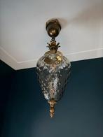 Antieke Plafondlamp Lantaarn Messing Glas Brocante, Ophalen, Gebruikt, Glas, Minder dan 50 cm
