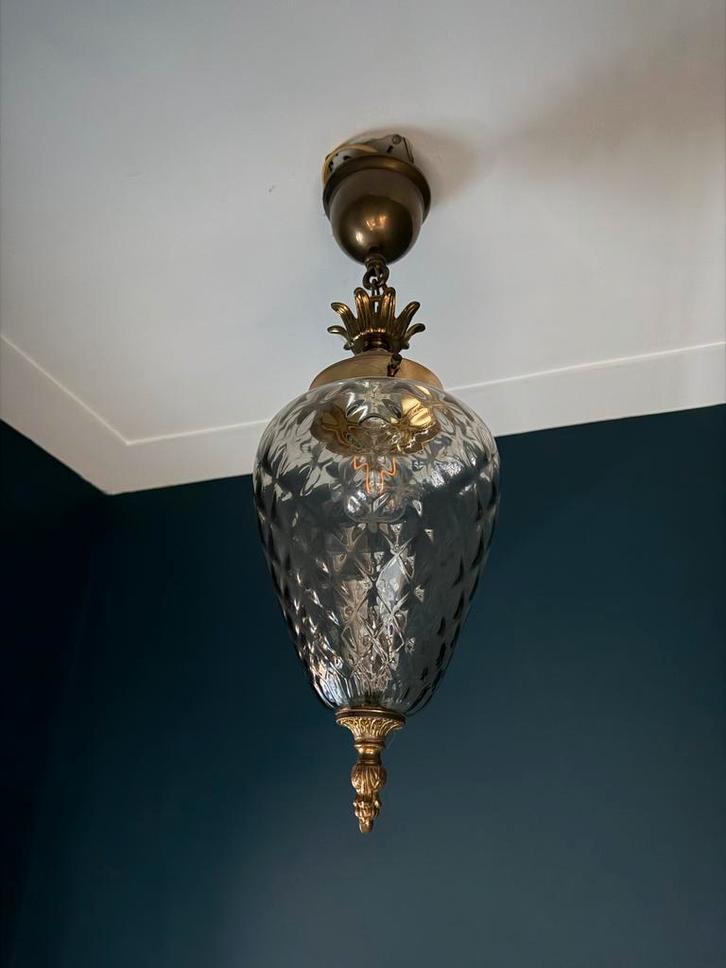 Antieke Plafondlamp Lantaarn Messing Glas Brocante, Huis en Inrichting, Lampen | Hanglampen, Gebruikt, Minder dan 50 cm, Glas