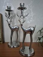 Set van 2 zilverkleurige kandelaars in de vorm van een hert, 25 tot 50 cm, Ophalen of Verzenden, Zo goed als nieuw, Metaal
