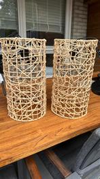 2x Hanglampen gevlochten touw/sisal – boho naturel stijl, Huis en Inrichting, Ophalen of Verzenden, Zo goed als nieuw, Beige, Rond
