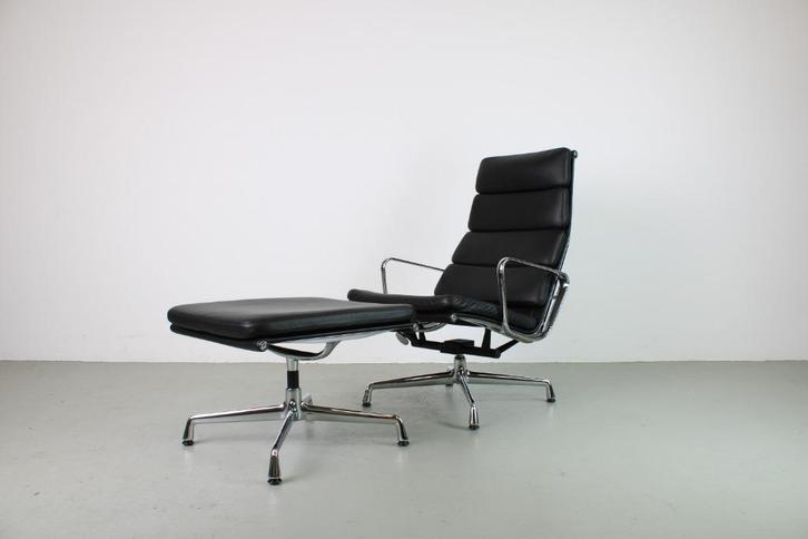 Vitra EA 222 + 223, Chroom, Zwart leer, Huis en Inrichting, Fauteuils, Gebruikt, Leer, Minder dan 50 cm, Ophalen