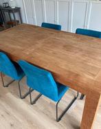 Eettafel met vier blauwe stoelen, Huis en Inrichting, Tafels | Eettafels, 150 tot 200 cm, 150 tot 200 cm, Teakhout, Gebruikt