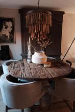 Industriële ronde eettafel, robuust hout & metalen onderstel, Huis en Inrichting, Tafels | Eettafels, Ophalen, Gebruikt, Rond