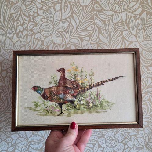 Vintage borduurwerk fazanten vogels, Huis en Inrichting, Woonaccessoires | Schilderijen, Tekeningen en Foto's, Zo goed als nieuw