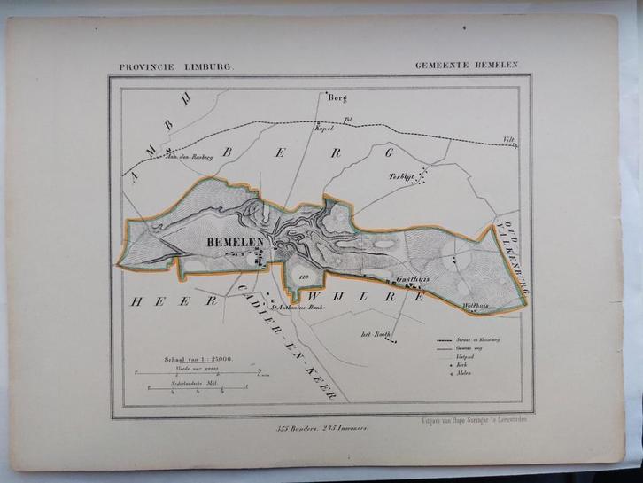 7 / Gemeente Bemelen Limburg Litho uit 1866 door J. Kuyper, Antiek en Kunst, Kunst | Litho's en Zeefdrukken, Ophalen of Verzenden