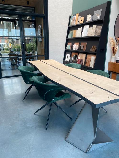 Esdoorn tafel 306x80 cm - met rvs poot - in skylt lak, Huis en Inrichting, Tafels | Eettafels, Zo goed als nieuw, 200 cm of meer