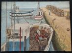 3 vissersboten aan de kade.Op ruwe zijde hardboard paneel., Antiek en Kunst, Ophalen of Verzenden