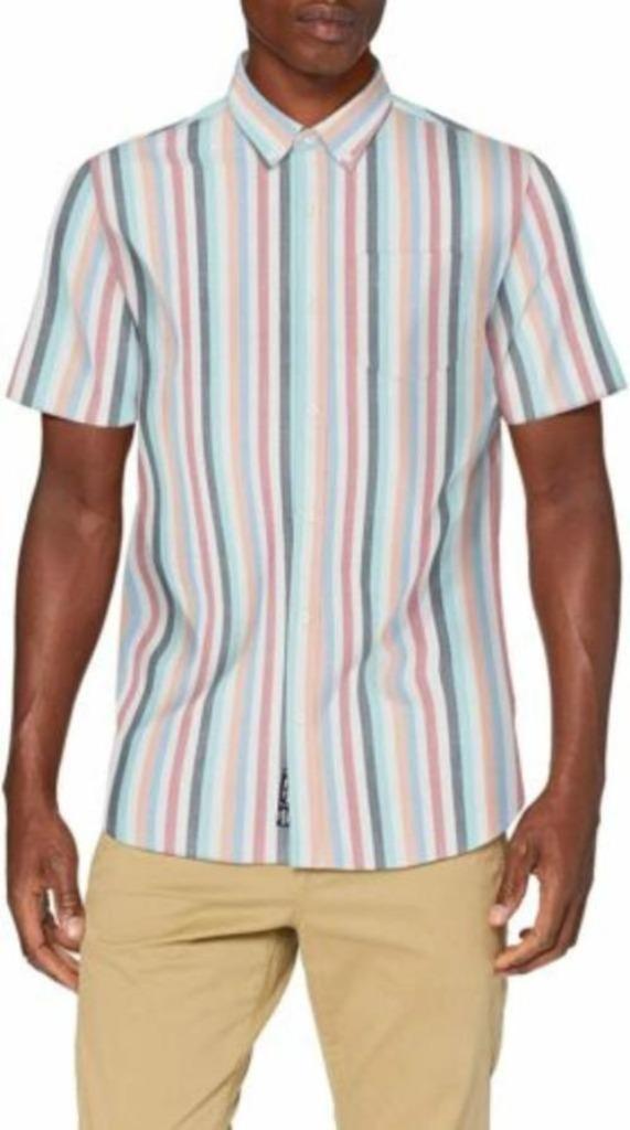 Superdry overhemd korte mouw grijs/roze gestreept L nr 39109, Kleding | Heren, Overhemden, Zo goed als nieuw, Halswijdte 41/42 (L)