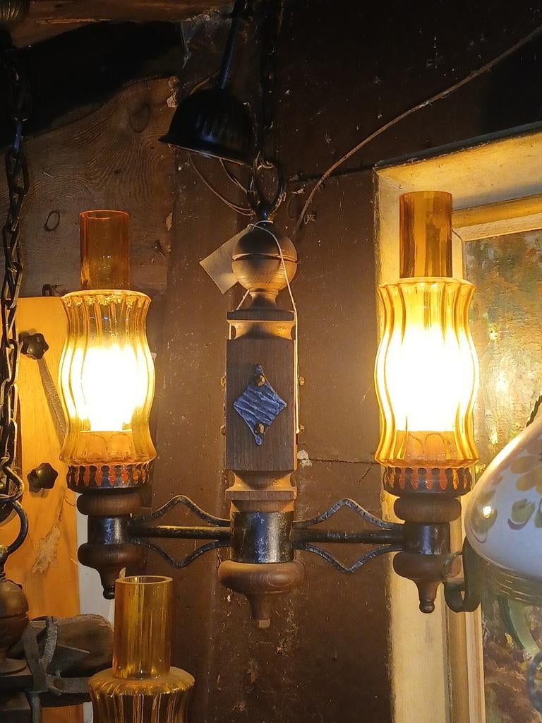 2 Vintage kroonluchters met amberkleurige glazen, Ophalen of Verzenden