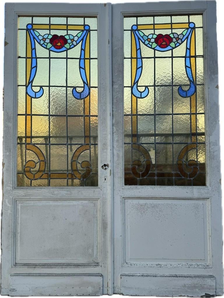 Set Jugendstil openslaande glas in lood deuren 217x159cm, Ophalen