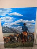 Schilderij  met cowboy en koeien 70x90cm, Ophalen of Verzenden