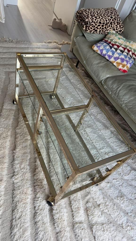 Hollywood Regency Glazen Salontafel/Sidetable op Wielen, Huis en Inrichting, Tafels | Salontafels, Gebruikt, 50 tot 75 cm, Minder dan 50 cm