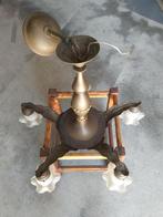 Antieke Hanglamp 5 arms met mat witte kelken rond 1900., Ophalen of Verzenden