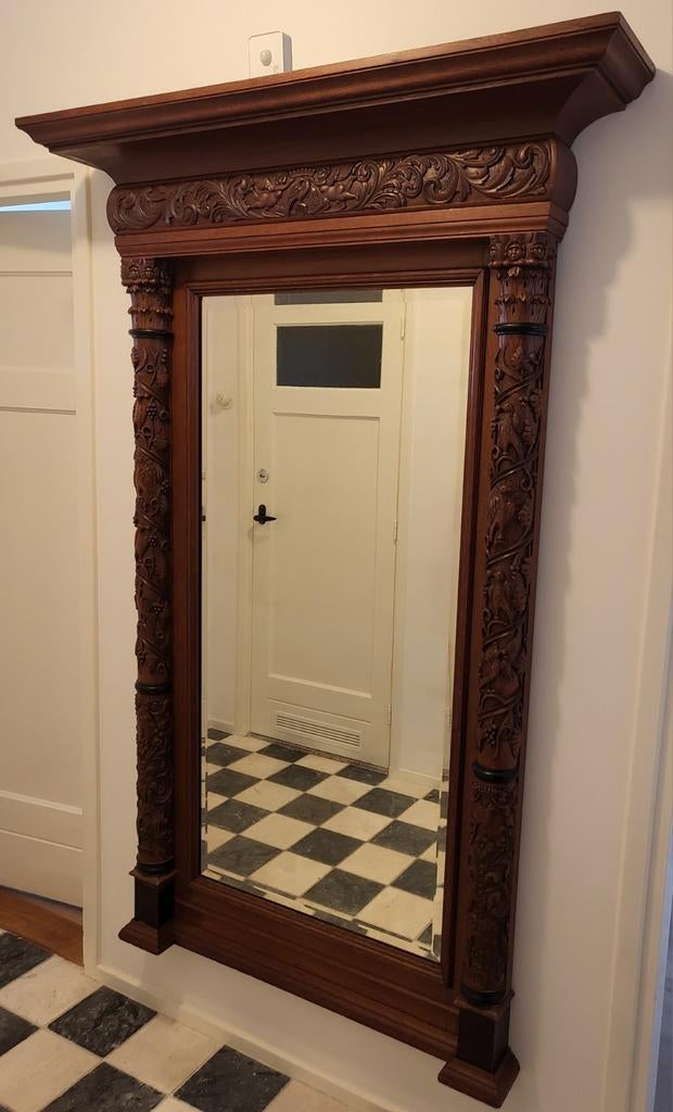 Antieke Halspiegel met Geslepen Glas, Ophalen, Rechthoekig, 100 tot 150 cm, 150 tot 200 cm