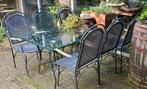 Glazen tuintafel met 6 ijzeren stoelen, Tuin en Terras, Ophalen, Overige materialen, Gebruikt, Eettafel