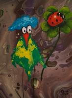 Schilderij rare snuiter met klavertje vier en lieveheersbees, Minder dan 50 cm, Nieuw, Ophalen of Verzenden, Schilderij