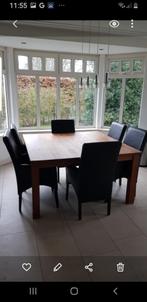 6 Stoelen en vierkante tafel, Huis en Inrichting, Stoelen, Ophalen, Gebruikt, Bruin, Leer