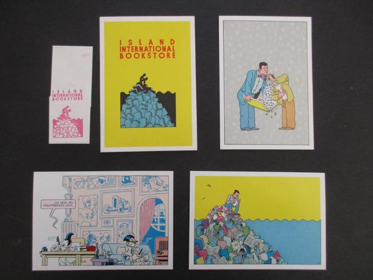Joost Swarte - Set 4 kaarten Island International Bookstore, Verzamelen, Overige Verzamelen, Zo goed als nieuw, Ophalen of Verzenden