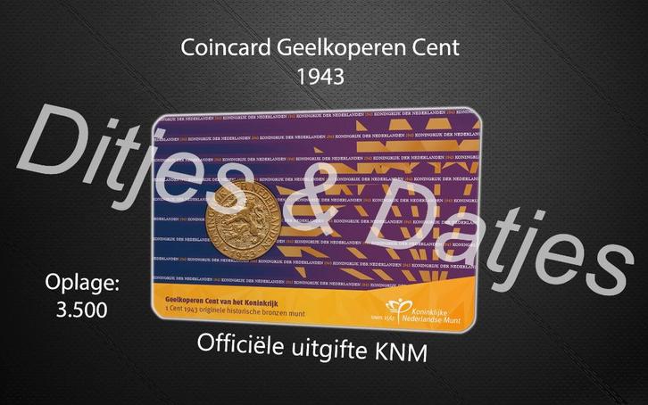 Nederland Geelkoperen 1 cent in coincard KNM 1943, Postzegels en Munten, Munten | Nederland, 1 cent, Koningin Wilhelmina, Ophalen of Verzenden